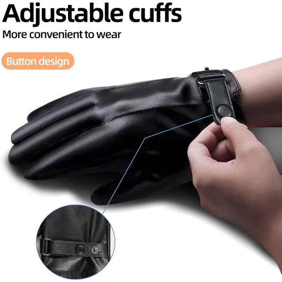 Men's Black Winter Warm Touch Screen Motor Soft Cashmere Lining Leather Gloves - Picture 4 of 8